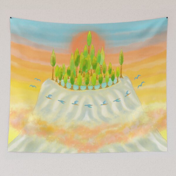 Item preview, Volcano tree village at peaceful and romantic sunset designed and sold by greenPQBstudio.