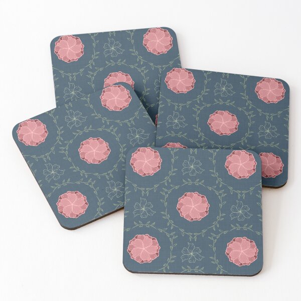 Item preview, Elegant floral medallion soft pink flower vine botanicals in deep blue background designed and sold by JasmineGDesigns.
