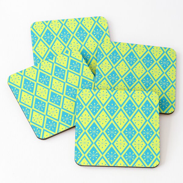 Item preview, Mid Century Atomic stars on yellow and blue retro diamonds pattern designed and sold by Yasminepatterns .