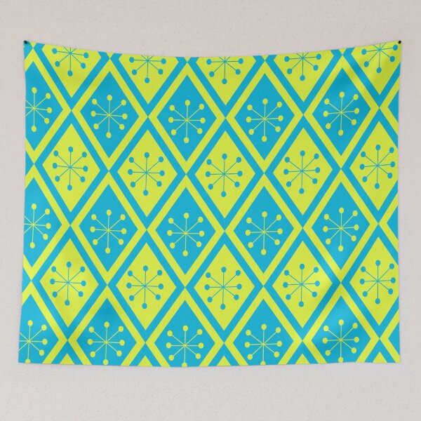 Item preview, Mid Century Atomic stars on yellow and blue retro diamonds pattern designed and sold by Yasminepatterns .