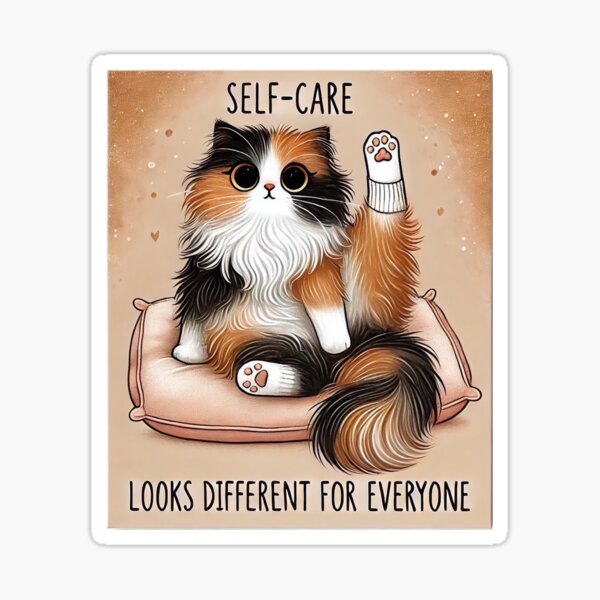 Cute Calico Cat Practicing Self-Care – Inspirational Pet Art Sticker
