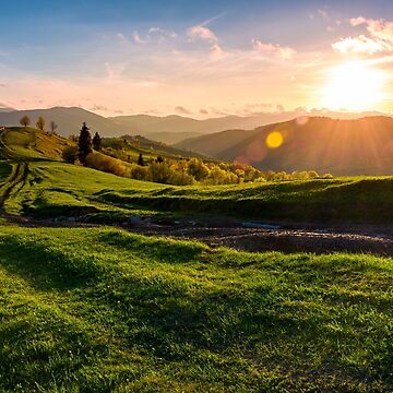 Artwork thumbnail, winding road along the grassy rural hill at sunset by mike-pellinni