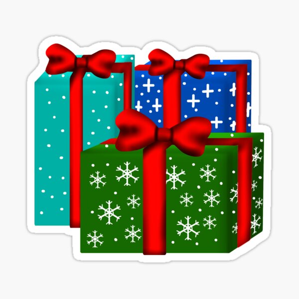 Item preview, Christmas gifts in blue, turquoise and green with bows, a red ribbon and snowflakes designed and sold by katecheerycake.