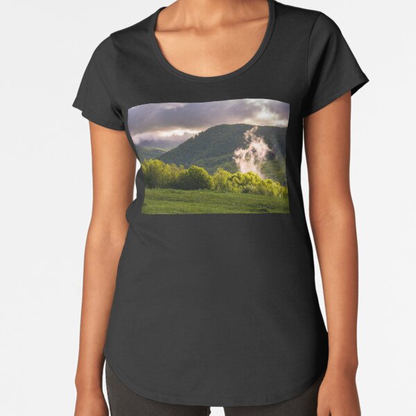 fog rising above the forest on hillside Premium Scoop T-Shirt