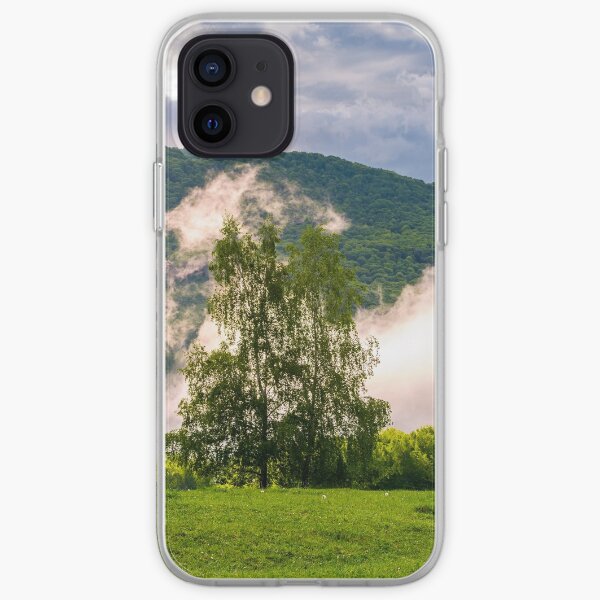 fog rising behind the forest on a hillside iPhone Soft Case