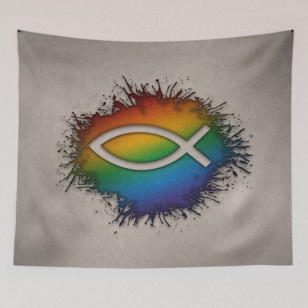 Item preview, Paint Splatter LGBTQ Pride Rainbow Christian Fish Symbol designed and sold by LiveLoudGraphic.