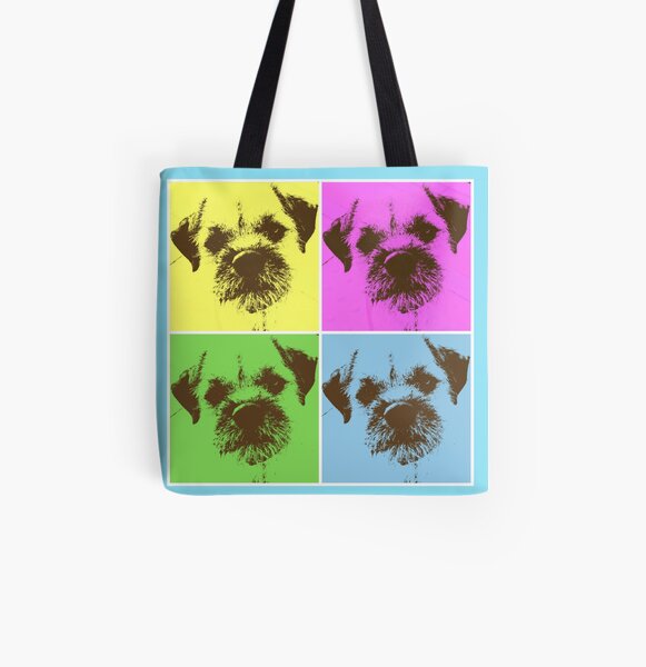 Border Terrier Gifts for Dog Lovers Andy Warhol Inspired Neon Pink, Yellow, Green, Blue All Over Print Tote Bag