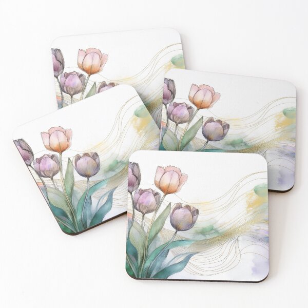 Item preview, Colorful tulips watercolor spring abstract floral, flowers, botanicals, minimalist abstract watercolor, gold highlights, spring decor  designed and sold by navitalidesign.