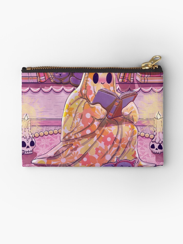 Thumbnail 1 of 4, Zipper Pouch, Cute Bookish Ghost With Cats designed and sold by StudioFloraLuna.