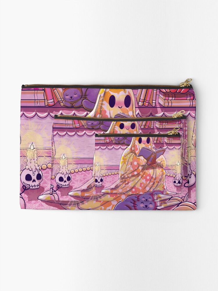 Thumbnail 2 of 4, Zipper Pouch, Cute Bookish Ghost With Cats designed and sold by StudioFloraLuna.