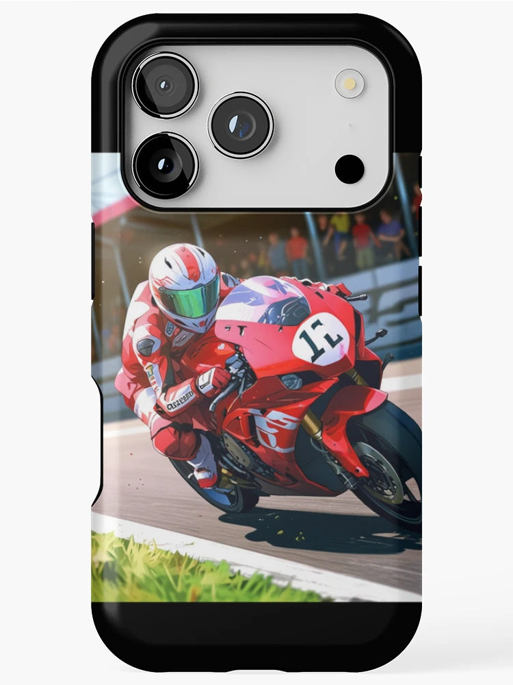 Thumbnail 1 of 4, iPhone Case, Red Fairing Superbike Racetrack Grid Racing Graphic Rider designed and sold by Moto Graphix.