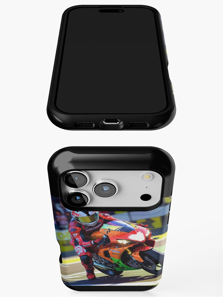 Thumbnail 3 of 4, iPhone Case, Leg Dangle Superbike Racetrack Grid Racing Graphic Rider designed and sold by Moto Graphix.