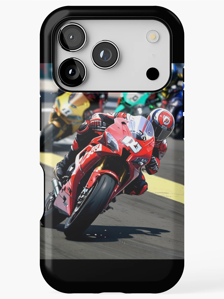 Thumbnail 1 of 4, iPhone Case, Red Superbike Racetrack Grid Racing Graphic Rider Shot designed and sold by Moto Graphix.