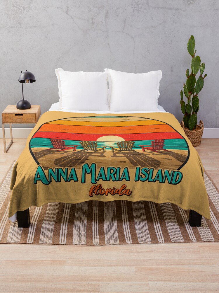 Thumbnail 1 of 6, Throw Blanket, Retro Anna Maria Island Florida Sunset - Vintage Beach Chairs Art designed and sold by christy824.