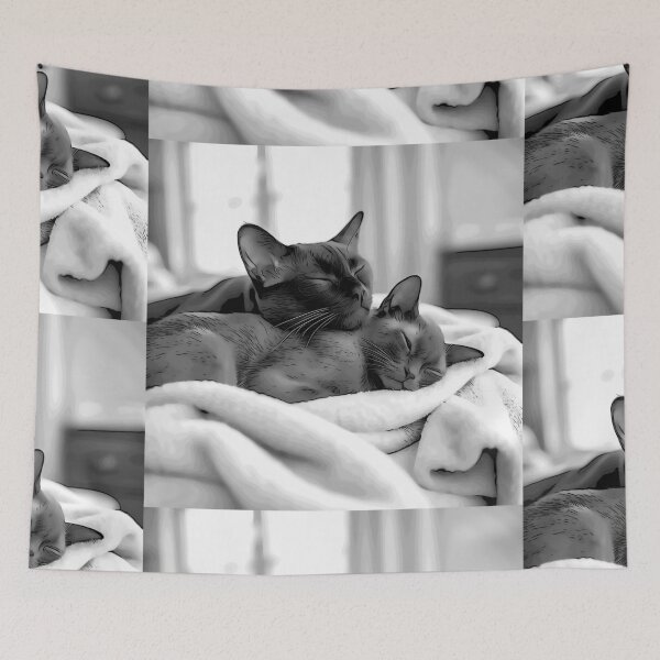 Item preview, Cuddling Burmese Cats in Monochrome – Elegant Black & White Cat Art designed and sold by Michael van der Hoorn.