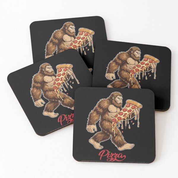 Item preview, Whimsical Sasquatch Holding Pizza on Black Background – Fun & Quirky Bigfoot Art designed and sold by Colorful-Garden.