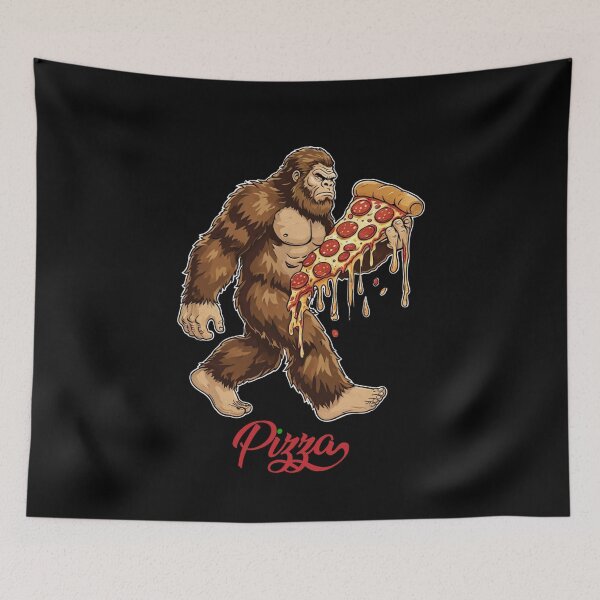 Item preview, Whimsical Sasquatch Holding Pizza on Black Background – Fun & Quirky Bigfoot Art designed and sold by Colorful-Garden.
