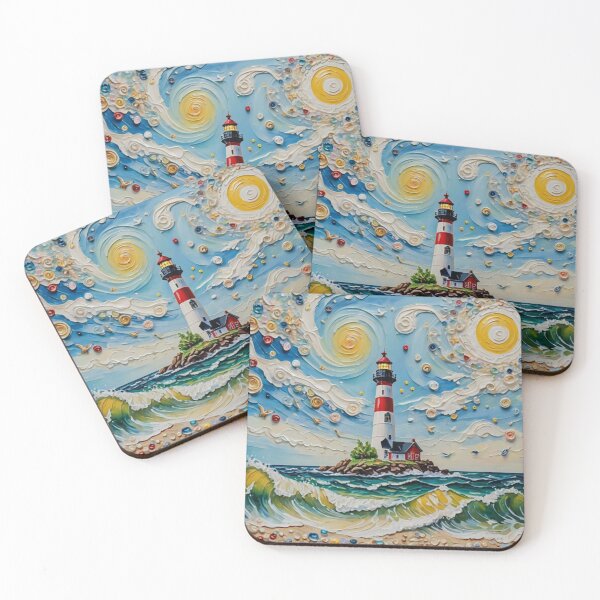Item preview, Swirl Blue Sky Wave Beach With Light House and Shiny Sun Shine Colorful Tiny Pearl Sea Shell in Impasto Texture Oil Painting designed and sold by MyArt23.