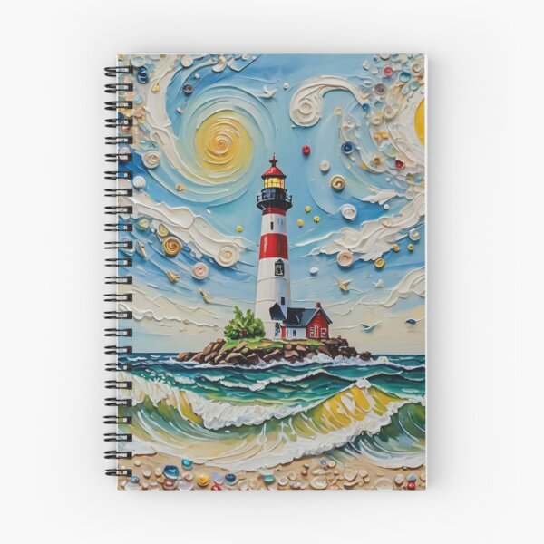 Item preview, Swirl Blue Sky Wave Beach With Light House and Shiny Sun Shine Colorful Tiny Pearl Sea Shell in Impasto Texture Oil Painting designed and sold by MyArt23.