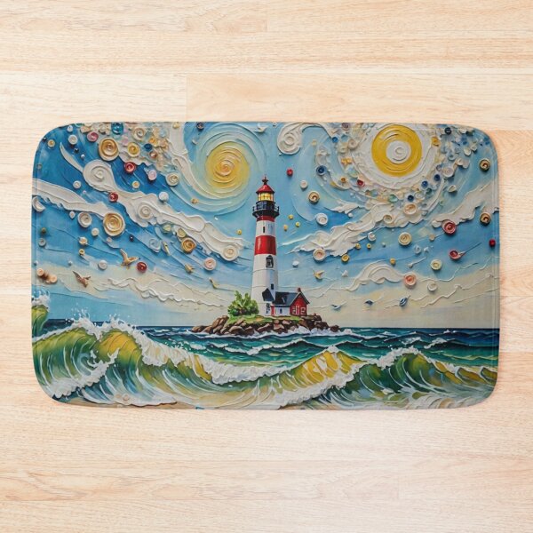 Item preview, Swirl Blue Sky Wave Beach With Light House and Shiny Sun Shine Colorful Tiny Pearl Sea Shell in Impasto Texture Oil Painting designed and sold by MyArt23.