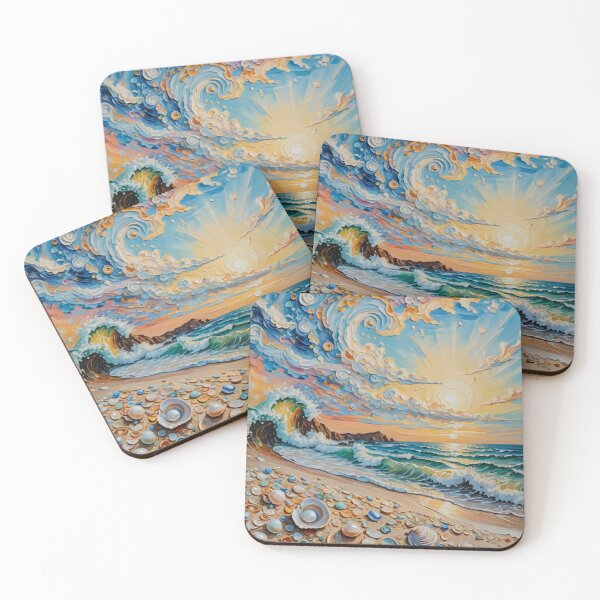 Item preview, Swirl Blue Sky Wave Beach With Shiny Sun Shine Colorful Tiny Pearl Sea Shell in Impasto Texture Oil Painting designed and sold by MyArt23.