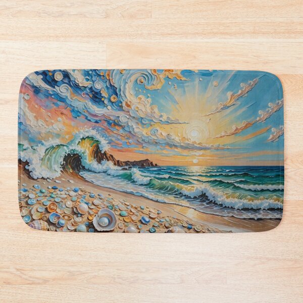 Item preview, Swirl Blue Sky Wave Beach With Shiny Sun Shine Colorful Tiny Pearl Sea Shell in Impasto Texture Oil Painting designed and sold by MyArt23.