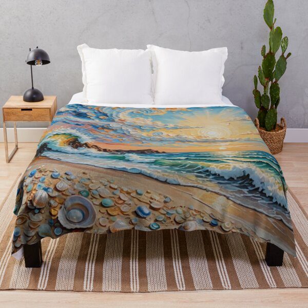 Item preview, Swirl Blue Sky Wave Beach With Shiny Sun Shine Colorful Tiny Pearl Sea Shell in Impasto Texture Oil Painting designed and sold by MyArt23.