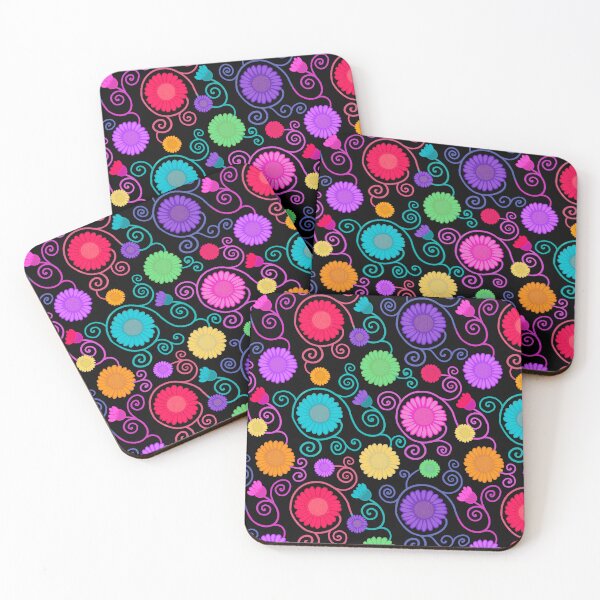 Item preview, Rainbow flowers and spirals on black designed and sold by QuirkyCraftz.