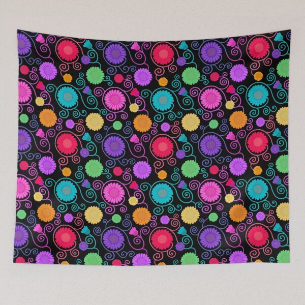 Item preview, Rainbow flowers and spirals on black designed and sold by QuirkyCraftz.