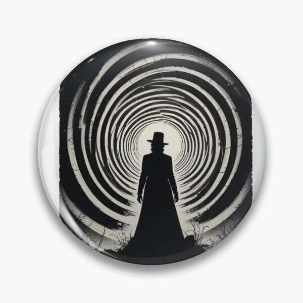 Item preview, Sticker of a mysterious Hitchcock-style silhouette with a spiraling "Vertigo" effect in the background, eerie yet artistic designed and sold by Imaginarium of Chaos falcon88 .