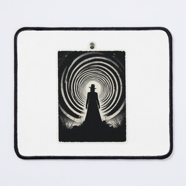 Item preview, Sticker of a mysterious Hitchcock-style silhouette with a spiraling "Vertigo" effect in the background, eerie yet artistic designed and sold by Imaginarium of Chaos falcon88 .