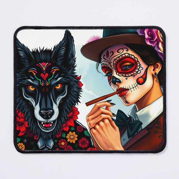 Item preview, Girl in festive mexican mask and hat with flowers and a black wolf designed and sold by Valentina-ty.
