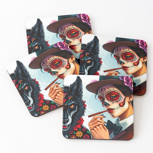 Item preview, Girl in festive mexican mask and hat with flowers and a black wolf  designed and sold by Valentina-ty.