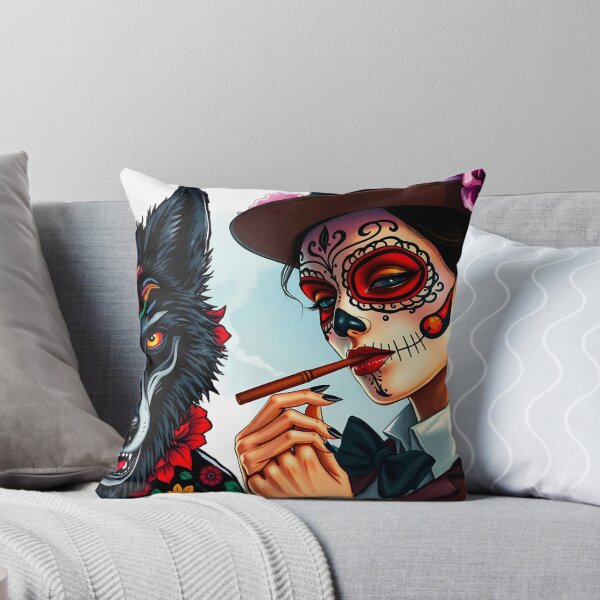 Item preview, Girl in festive mexican mask and hat with flowers and a black wolf  designed and sold by Valentina-ty.
