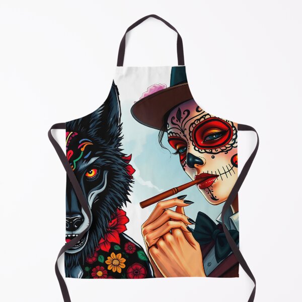 Item preview, Girl in festive mexican mask and hat with flowers and a black wolf designed and sold by Valentina-ty.