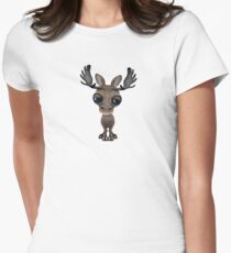 Cute Curious Baby Moose Calf with Big Eyes on White Women's Fitted T-Shirt