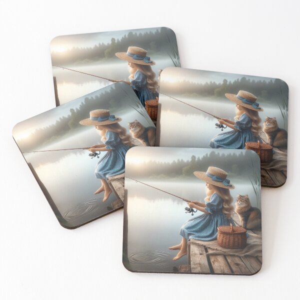 Item preview, Girl Fishing with Cat by the Lake | Whimsical Cottagecore Art Print designed and sold by BeaconMarketing.