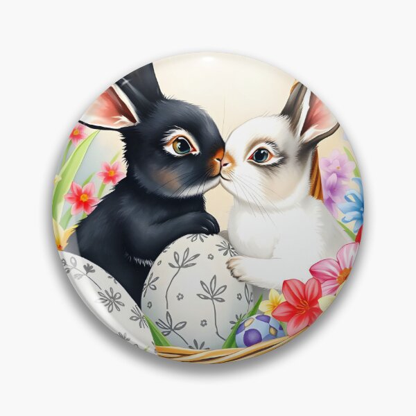Item preview, Fresh Spring Art with a black and a white rabbit kissing in a basket floral easter eggs and blooming flowers around delicate watercolour art designed and sold by EmeraldeaArt.
