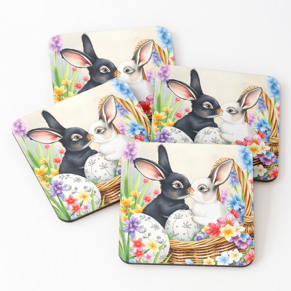 Item preview, Fresh Spring Art with a black and a white rabbit kissing in a basket floral easter eggs and blooming flowers around delicate watercolour art designed and sold by EmeraldeaArt.
