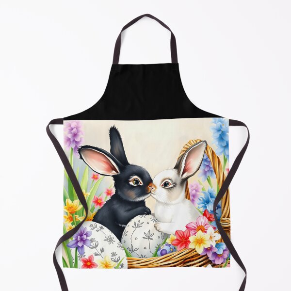 Item preview, Fresh Spring Art with a black and a white rabbit kissing in a basket floral easter eggs and blooming flowers around delicate watercolour art designed and sold by EmeraldeaArt.