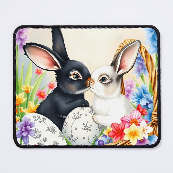 Item preview, Fresh Spring Art with a black and a white rabbit kissing in a basket floral easter eggs and blooming flowers around delicate watercolour art designed and sold by EmeraldeaArt.