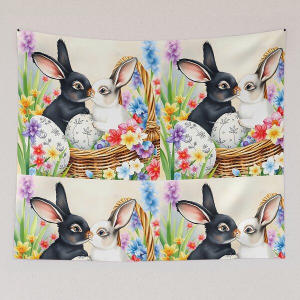 Item preview, Fresh Spring Art with a black and a white rabbit kissing in a basket floral easter eggs and blooming flowers around delicate watercolour art designed and sold by EmeraldeaArt.
