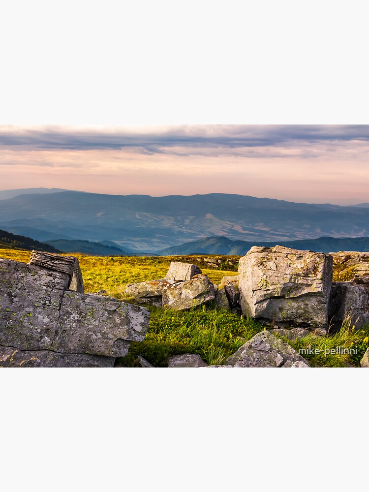 Thumbnail 3 of 3, Sticker, sunset light on hills with stones designed and sold by mike-pellinni.