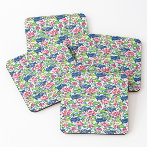 Item preview, neon coloured hippos in lotus pond designed and sold by PoppyLaneStudio.
