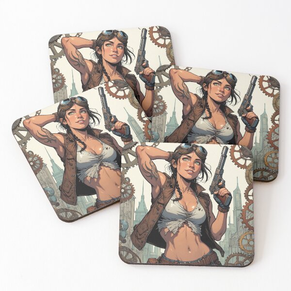 Item preview, Steampunk Girl with gun wearing a leather vest on a detailed industrial background designed and sold by Vintage Designs +.