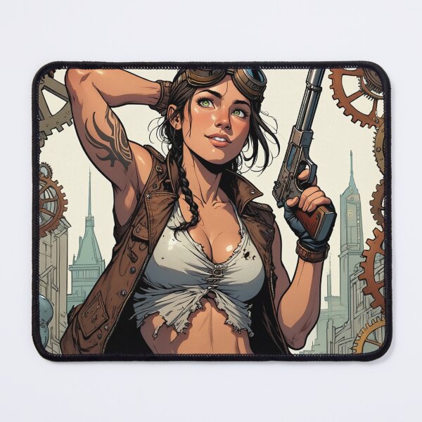 Item preview, Steampunk Girl with gun wearing a leather vest on a detailed industrial background designed and sold by Vintage Designs +.