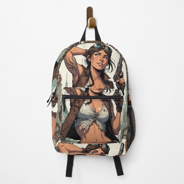Item preview, Steampunk Girl with gun wearing a leather vest on a detailed industrial background designed and sold by Vintage Designs +.