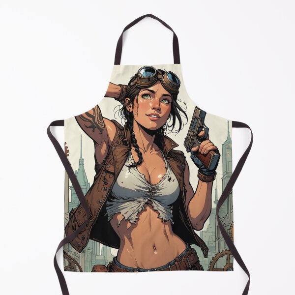 Item preview, Steampunk Girl with gun wearing a leather vest on a detailed industrial background designed and sold by Vintage Designs +.