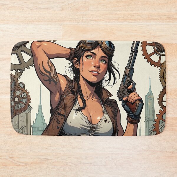 Item preview, Steampunk Girl with gun wearing a leather vest on a detailed industrial background designed and sold by Vintage Designs +.