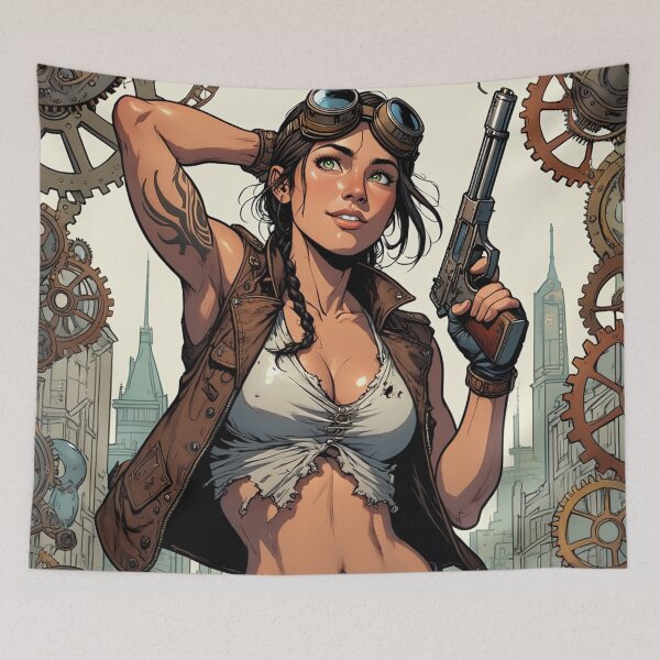 Item preview, Steampunk Girl with gun wearing a leather vest on a detailed industrial background designed and sold by Vintage Designs +.